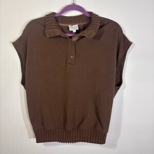 Sundays Brown Short Sleeve Polo Top Womens L Rib Trim Knit Minimalist